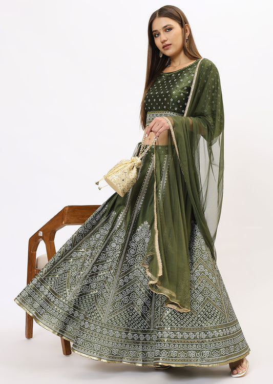 Green & Gold-Toned Lehenga & Choli With Dupatta