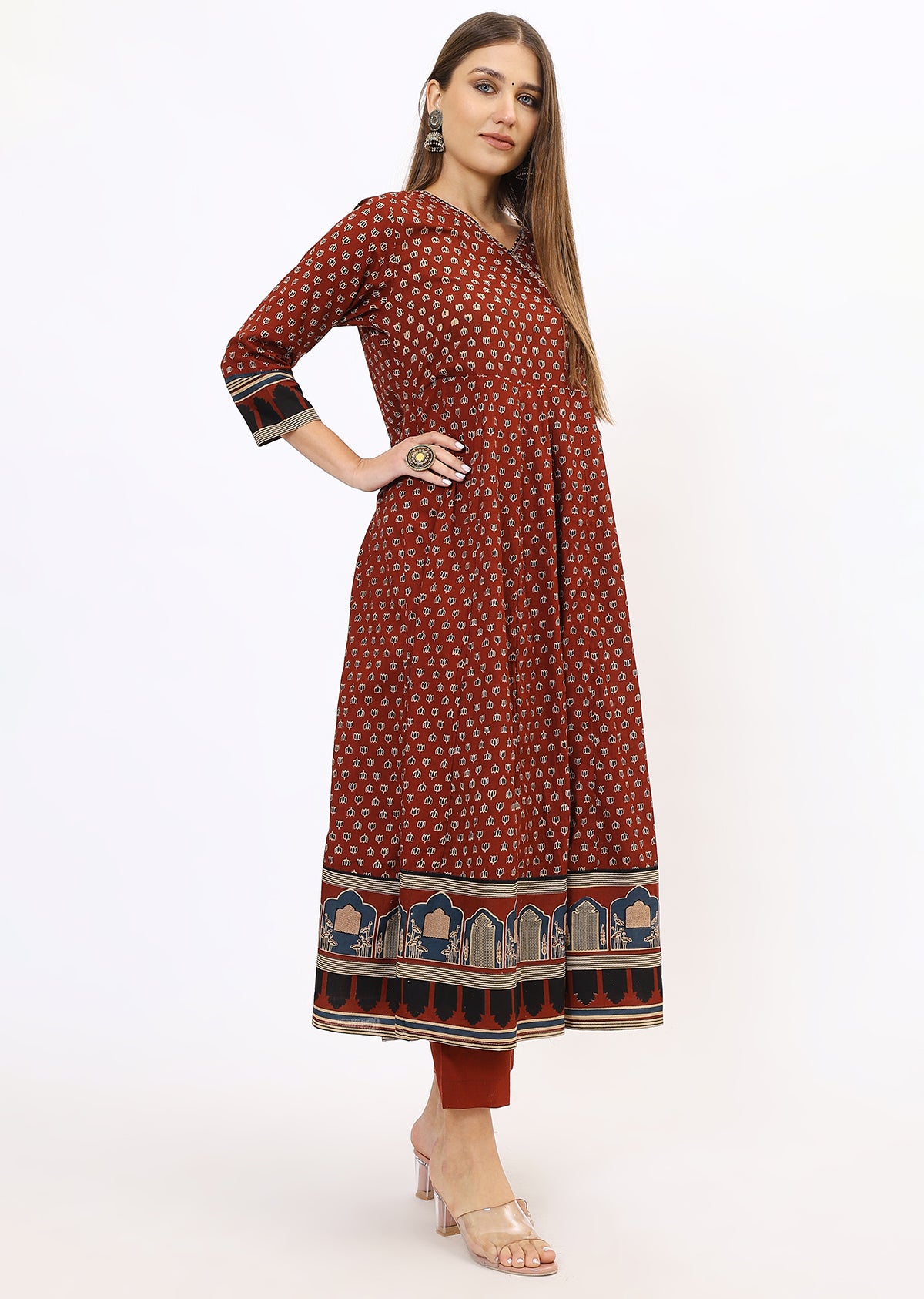Maroon Printed Bandhini Kurta Set With Dupatta