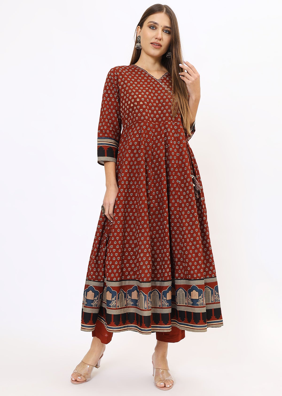 Maroon Printed Bandhini Kurta Set With Dupatta