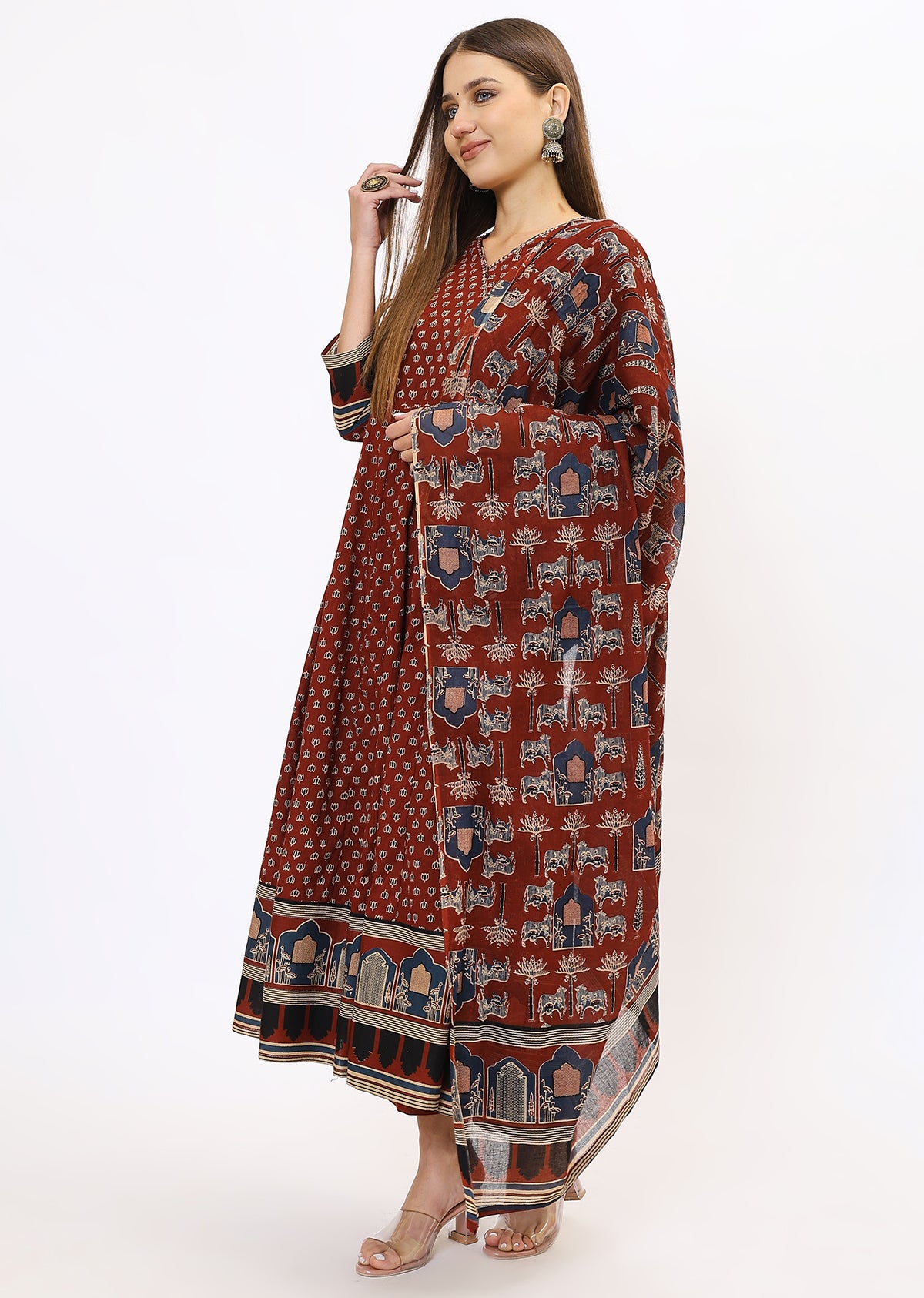 Maroon Printed Bandhini Kurta Set With Dupatta