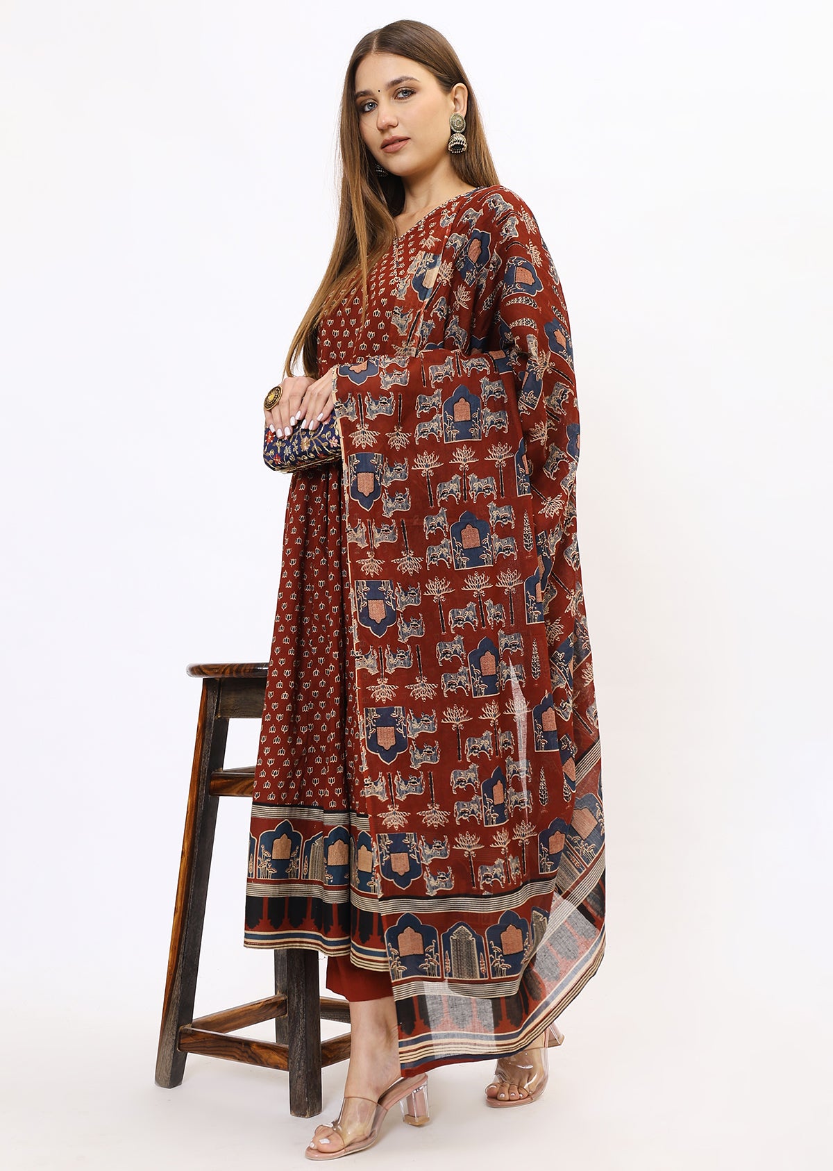 Maroon Printed Bandhini Kurta Set With Dupatta