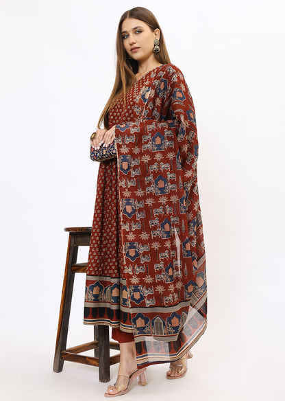 Maroon Printed Bandhini Kurta Set With Dupatta