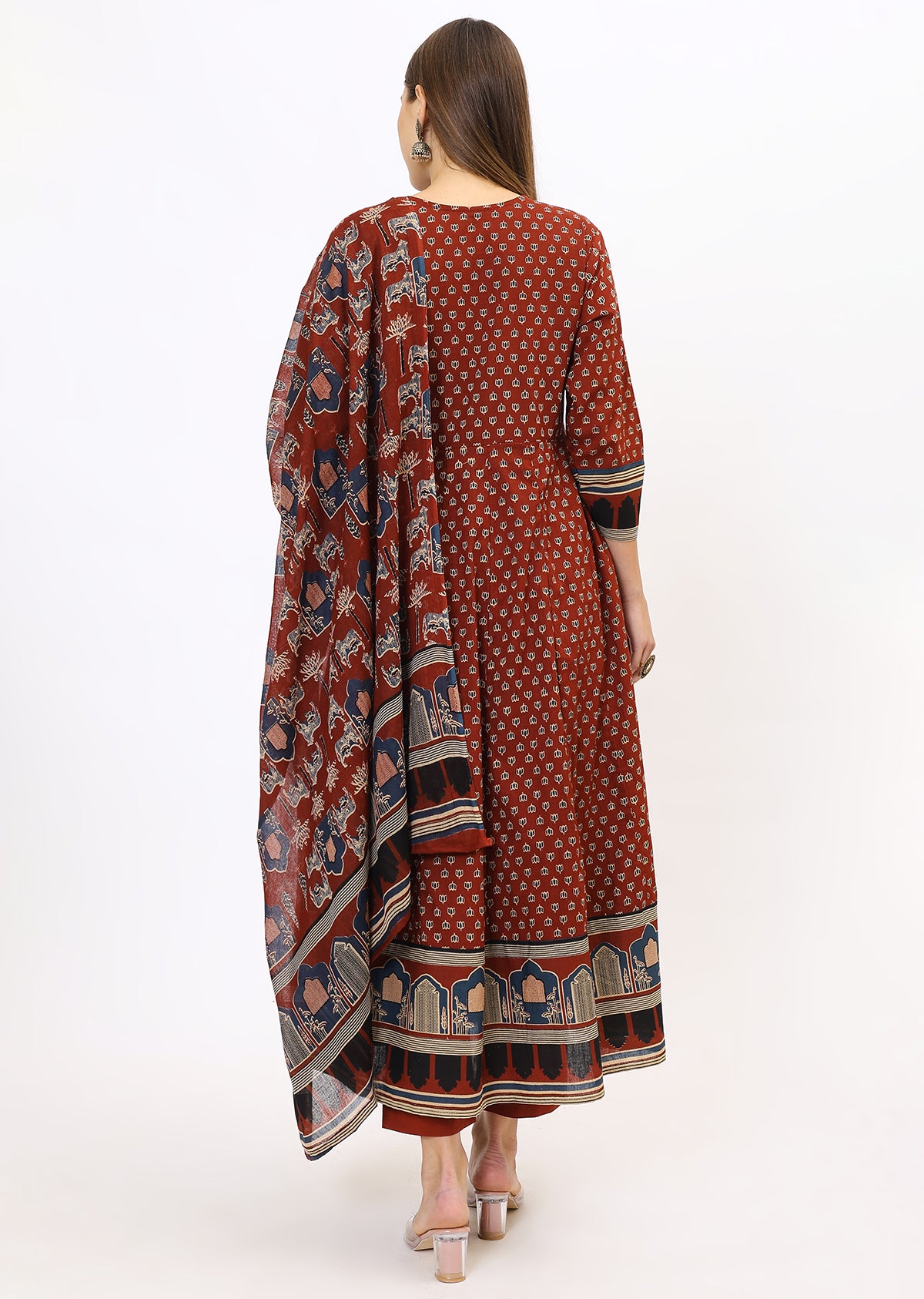 Maroon Printed Bandhini Kurta Set With Dupatta