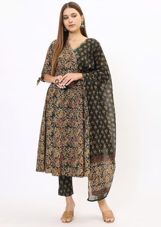 Green Printed Bandhini Kurta Set With Dupatta