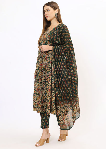 Green Printed Bandhini Kurta Set With Dupatta