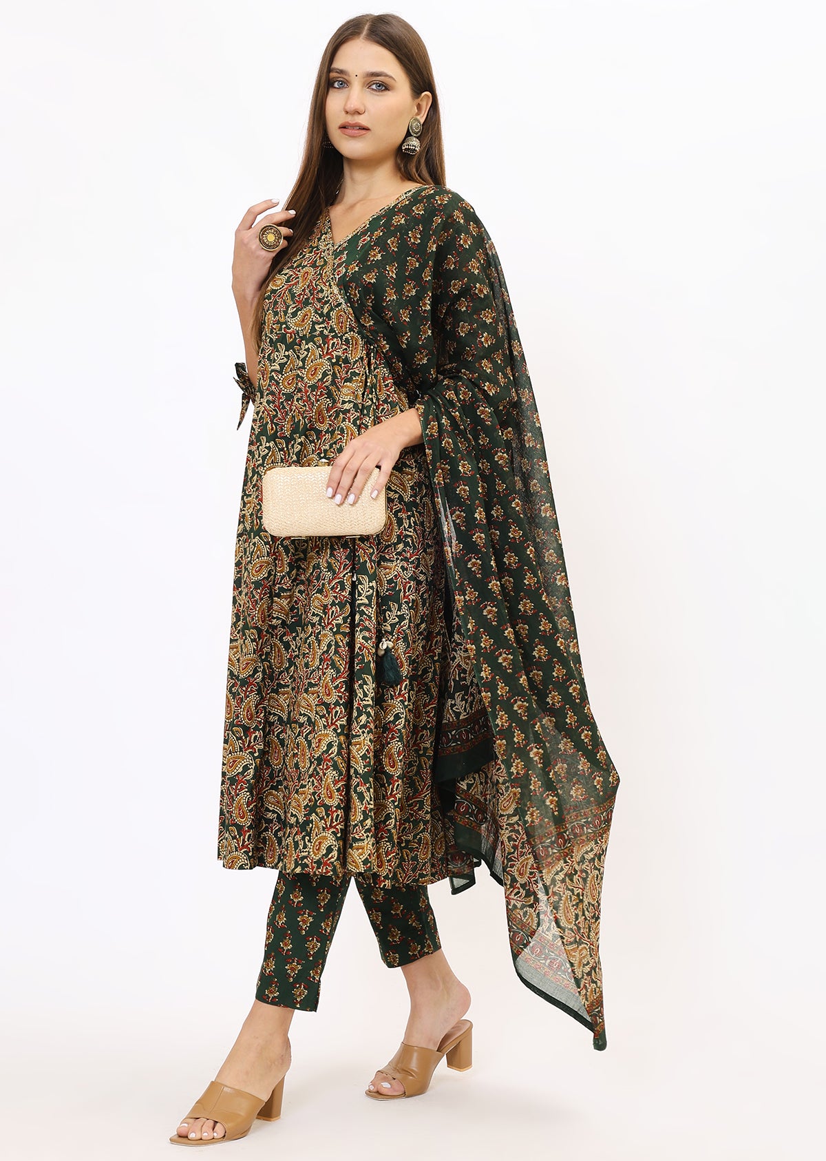 Green Printed Bandhini Kurta Set With Dupatta