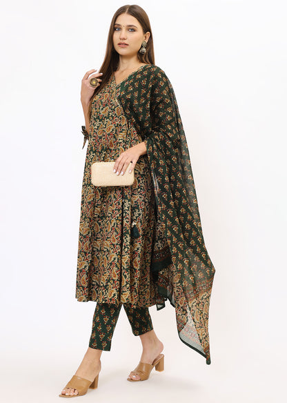 Green Printed Bandhini Kurta Set With Dupatta