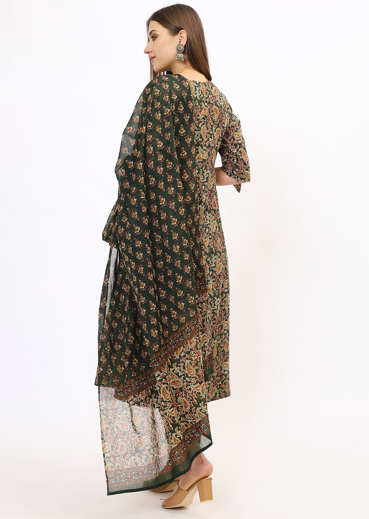 Green Printed Bandhini Kurta Set With Dupatta