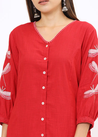 Red Embroidered Kurta Pant Set