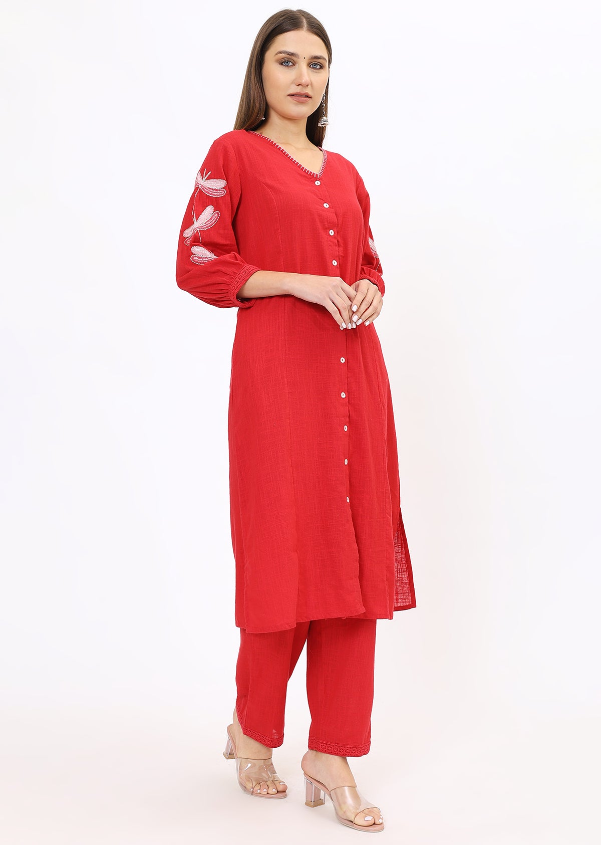 Red Embroidered Kurta Pant Set