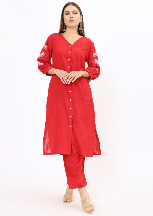 Red Embroidered Kurta Pant Set