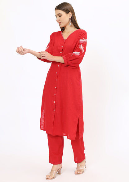 Red Embroidered Kurta Pant Set