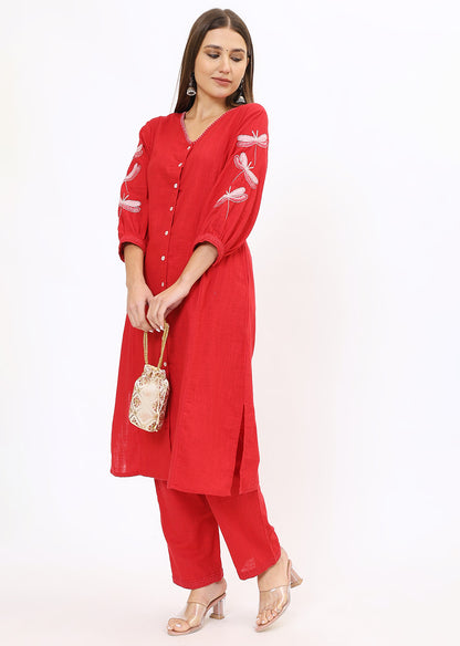 Red Embroidered Kurta Pant Set