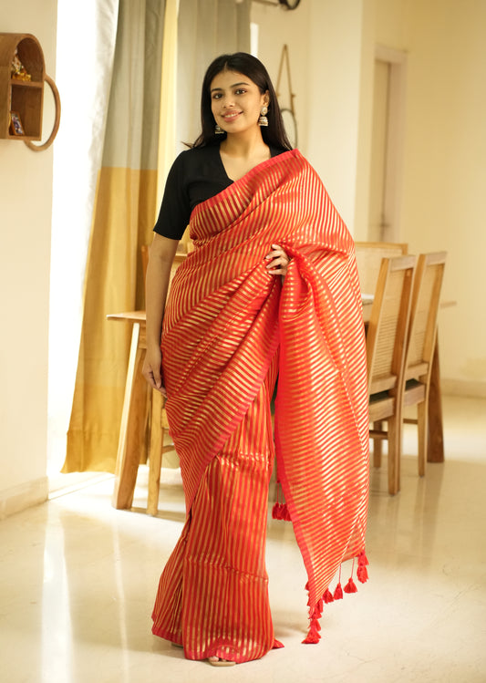 Golden Whisper – Red Mul Cotton Saree with Zari Stripes
