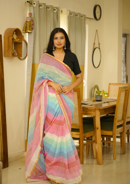 Pastel Rainbow Handwoven Mul Cotton Saree