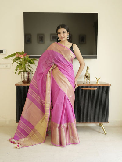 Pink Tissue Linen Saree With Zari Border