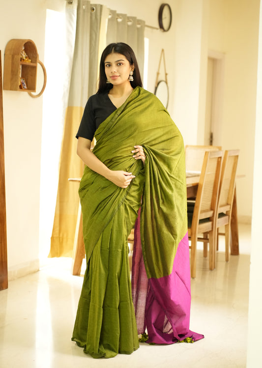 Spring Song – Green & Pink Cotton Saree