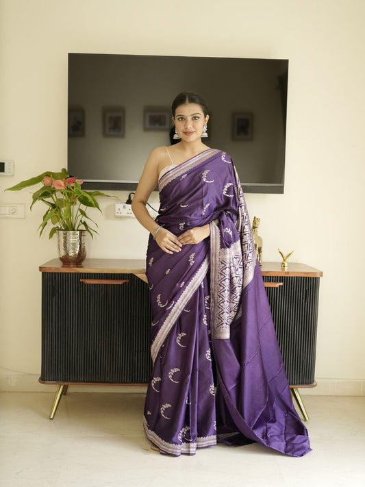 Purple Banarasi Silk Saree With Zari Border