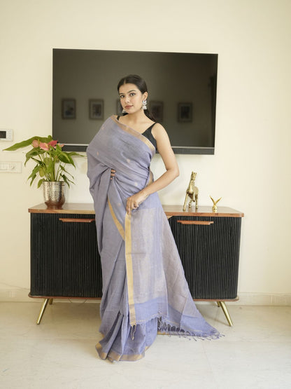 Lavender Linen Silk Saree With Zari Border