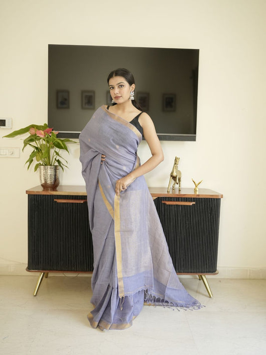 Lavender Linen Silk Saree With Zari Border