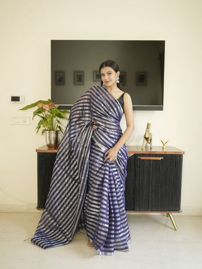 Blue Mul Cotton Saree With Zari Sripes