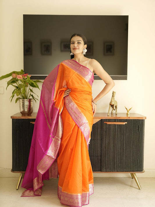 Orange Silk Saree With Pink Pallu
