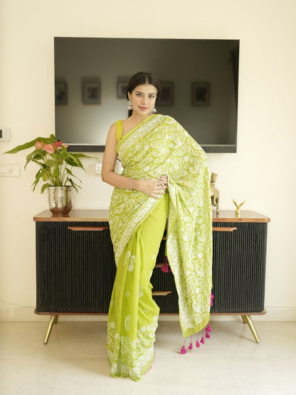 Green Mul-Cotton Chikankari Saree