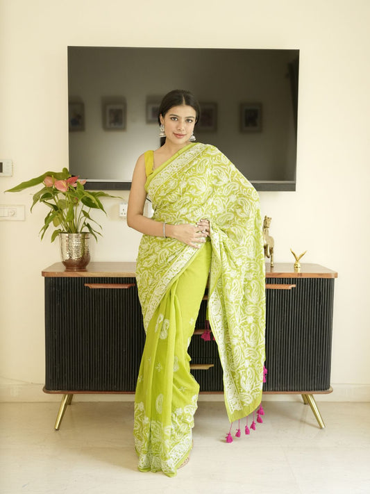 Green Mul-Cotton Chikankari Saree