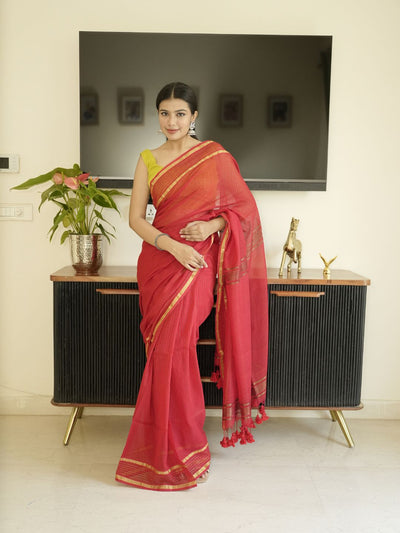 Red Mul Cotton Saree With Zari Sripes