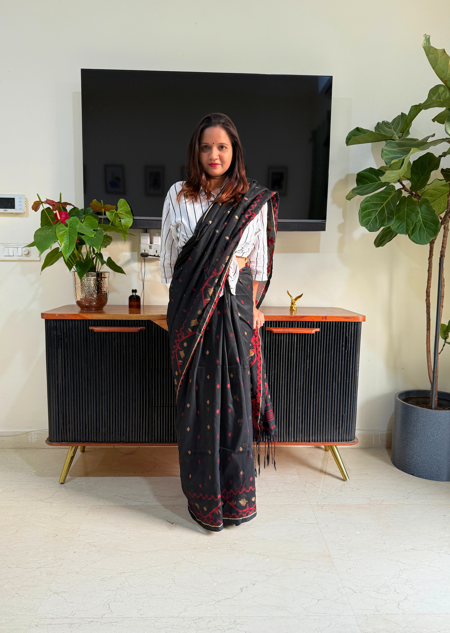 Black Jamdani Cotton Saree with Red & Gold Motifs