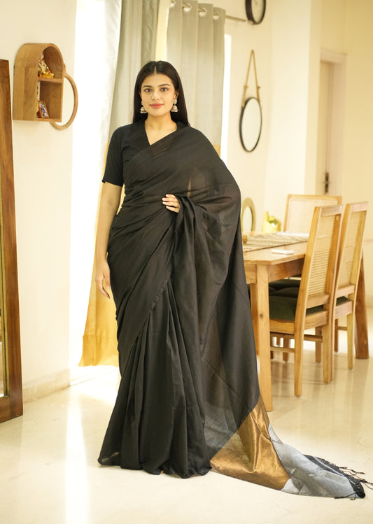 Twilight Tale – Black Cotton Saree with Gold & Silver Zari Pallu