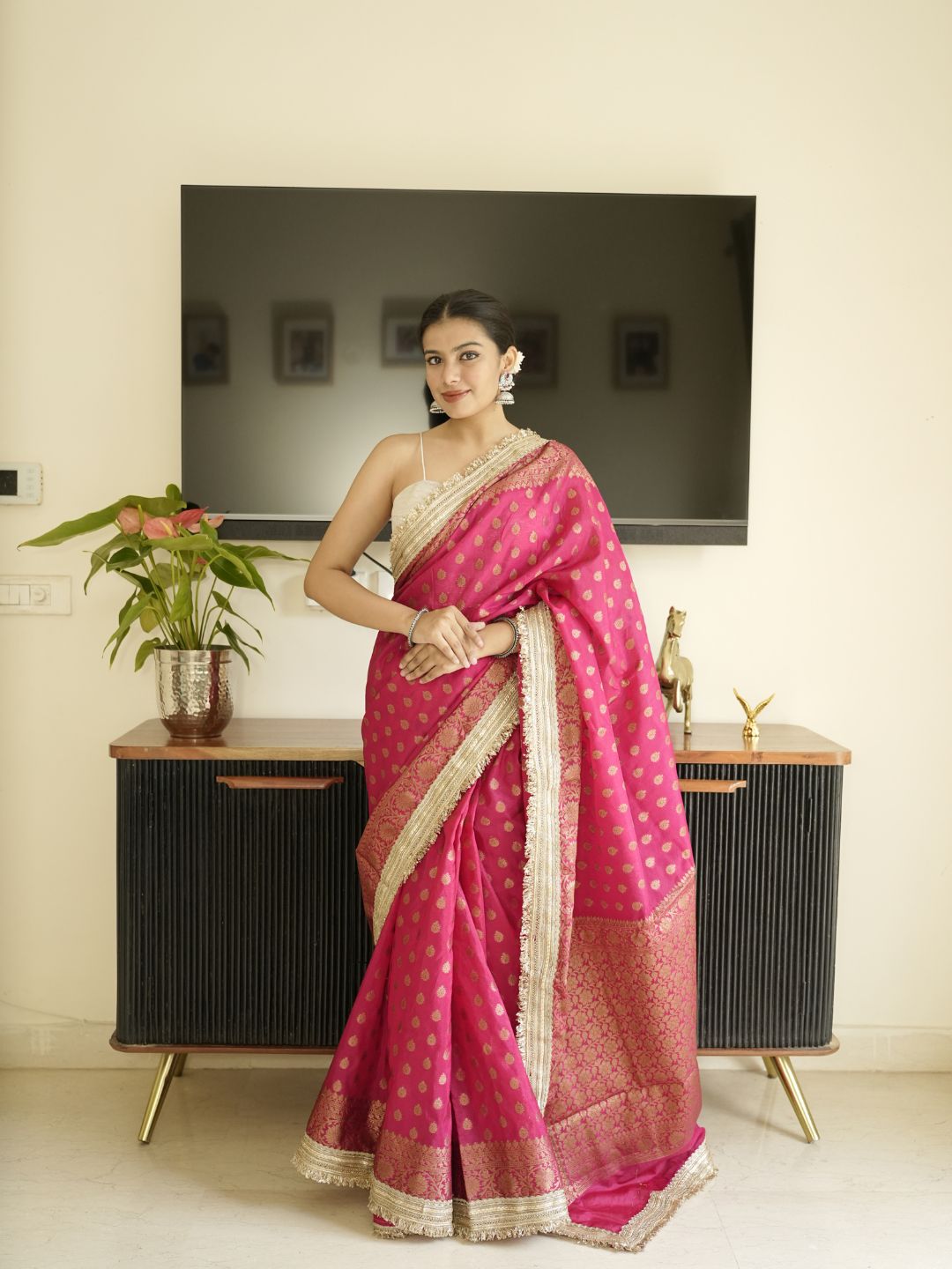 Pink-Gold Banarasi Silk Saree With Lace Border