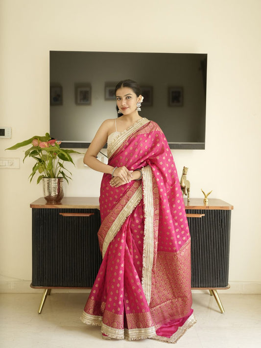 Pink-Gold Banarasi Silk Saree With Lace Border