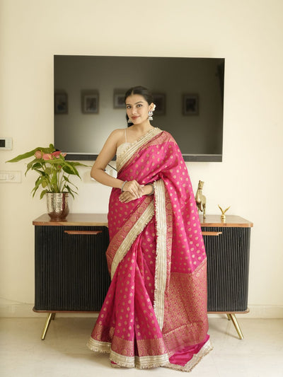 Pink-Gold Banarasi Silk Saree With Lace Border