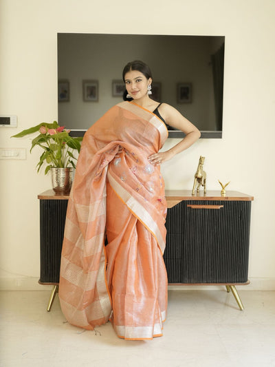 Orange Tissue Linen Saree With Hand Embroidery