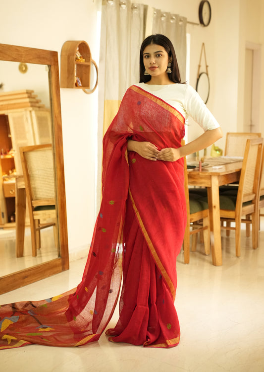 Paithani Blossom – Handpainted Red Linen Saree