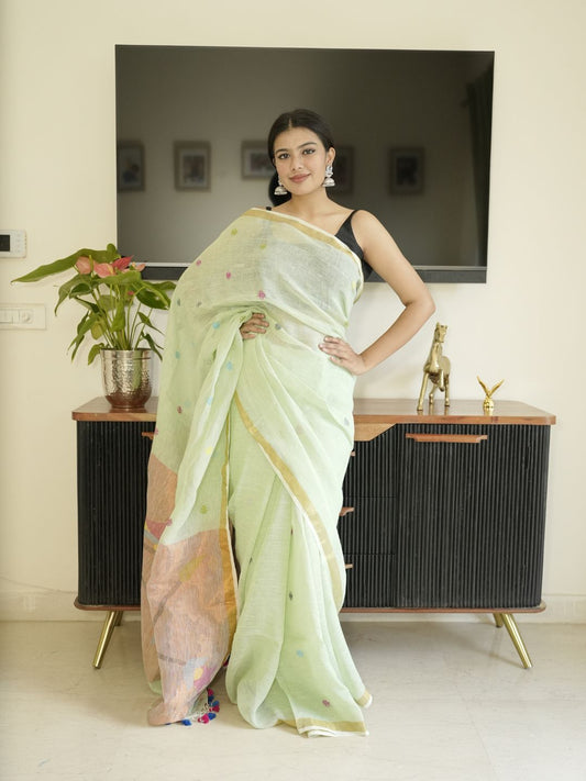 Green Paithani Linen Saree With Hand Embroidery