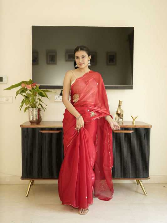 Red Organza Saree With Hand Zardoshi Work