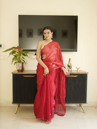 Red Organza Saree With Hand Zardoshi Work