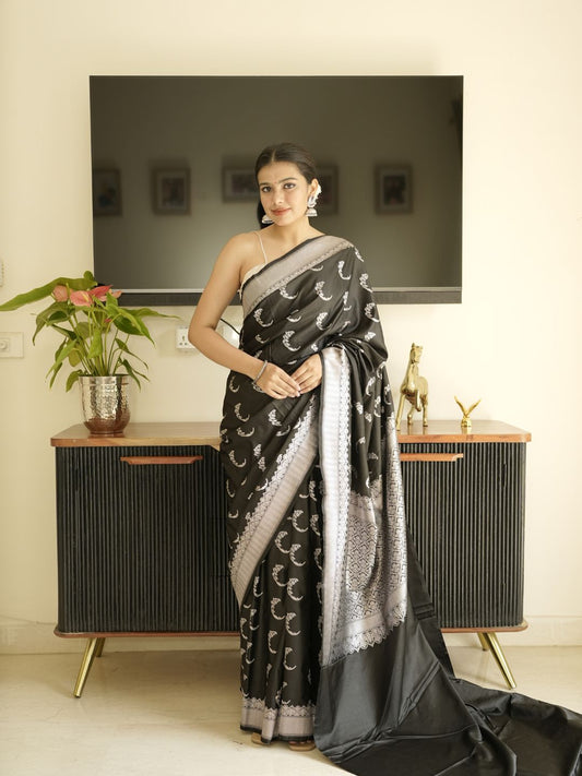 Black Banarasi Silk Saree With Zari Border