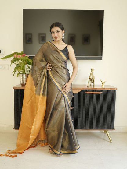 Grey Tissue Linen Saree With Golden Zari Pallu