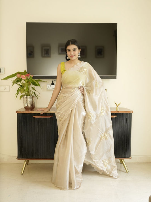 Ivory Organza Saree With Hand Zardoshi Work