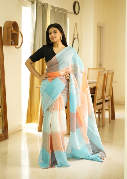 Vibrant Checks: Turquoise & Orange Linen Saree
