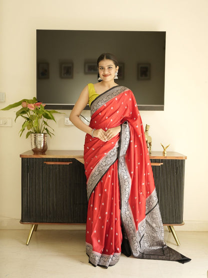 Red Banarasi Silk Saree With Black Border