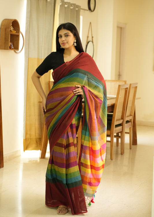 Red Palettes – Maroon Mul Cotton Saree with Striped Checked Pallu