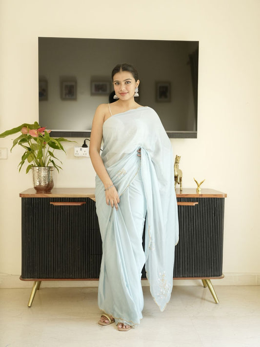 Blue Georgette Saree With Hand Zardoshi Work & Navy Blue Velvet Blouse Piece