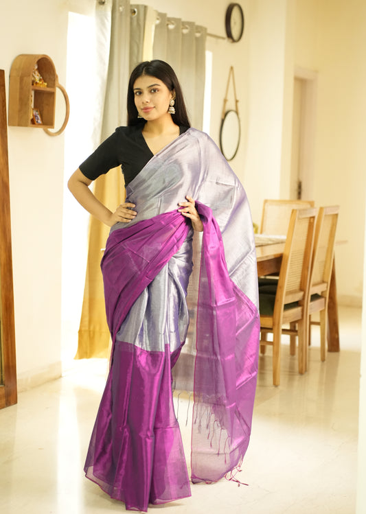 Moonlit Blush – Pink & Silver Glass-Finish Tissue Saree