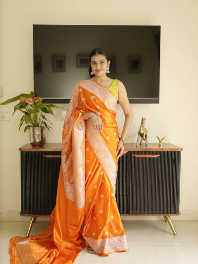 Orange Banarasi Silk Saree With Zari Border