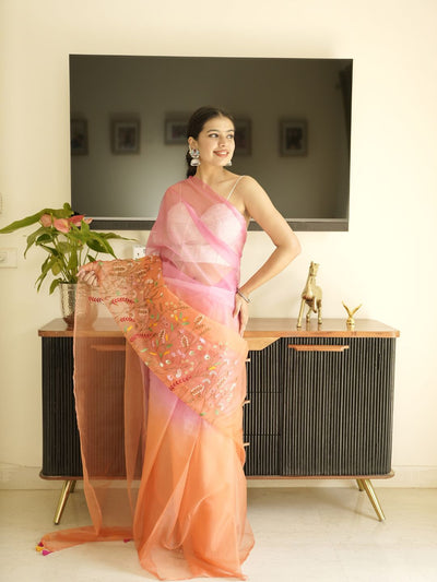 Orange-Pink Ombre Organza Saree With Hand Embroidery
