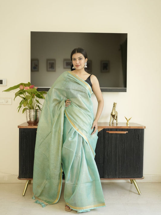 Green Tissue Linen Saree With Zari Border